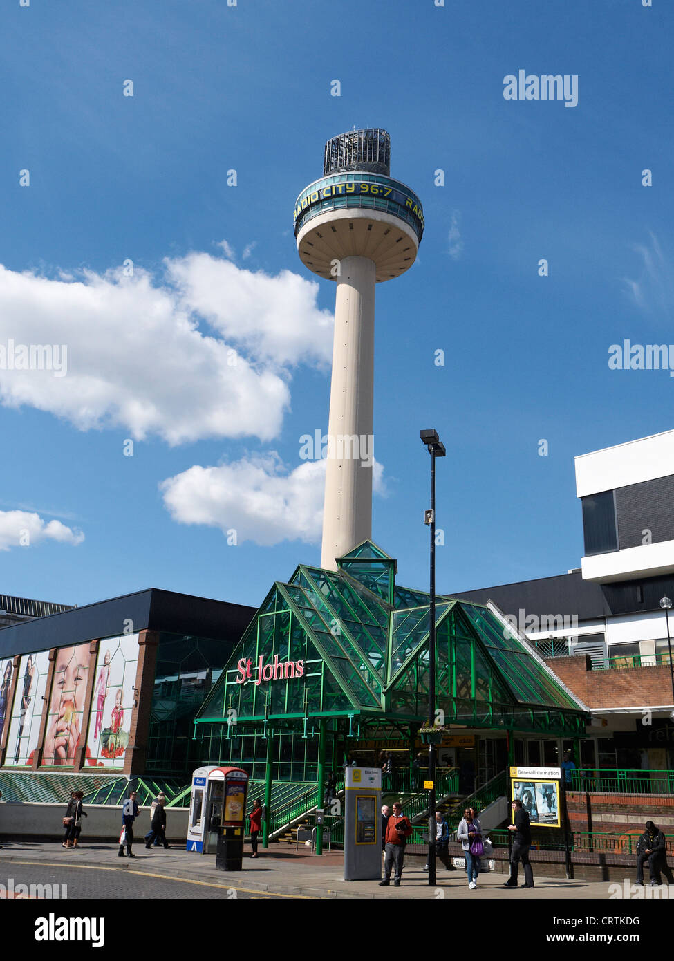 Entrance to St John`s shopping centre with Beacon tower in Liverpool UK Stock Photo